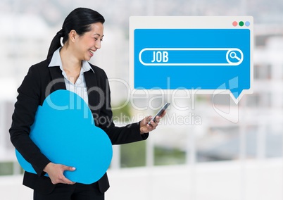 Job Search Bar box with woman holding phone and cloud