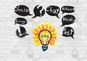 Colourful lightbulb with social media drawings graphics