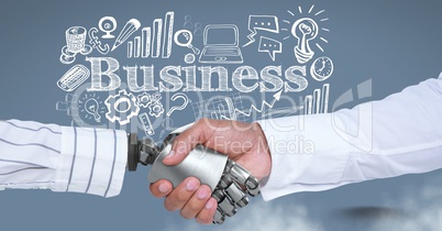 Android handshake and Businessman with business drawings graphics and text