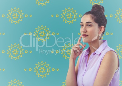 Woman thinking against yellow sun pattern and blue background