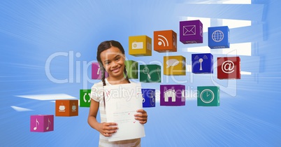 Happy girl with A plus grade showing papers by apps icons