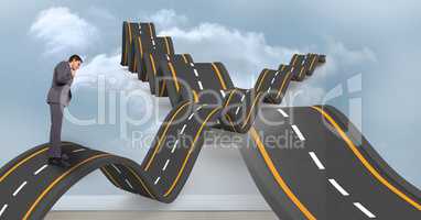 Digital composite image of confused businessman on wavy road in sky