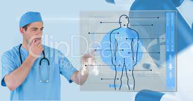 Digital composite image of doctor touching futuristic screen with interface graphics in background