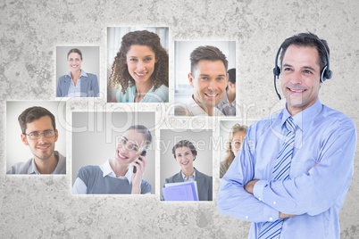 Digital composite image of HR executive wearing headphones by candidates