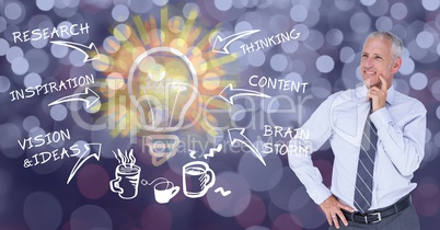 Digital composite image of businessman looking various text and arrow symbol against lens flare in b