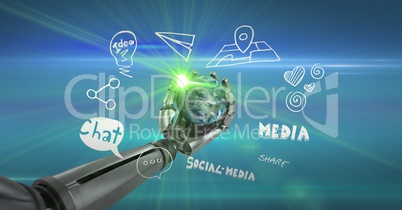 Digital composite image of robot holding globe by text and icons
