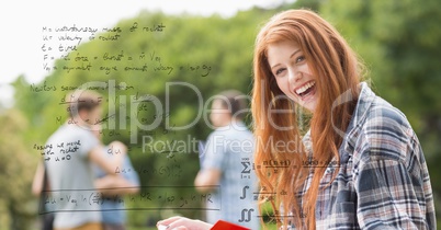 Digital composite image of happy female with math equations