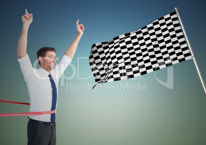 Business man at finish line against blue green background and checkered flag