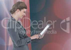 Woman on tablet with red background