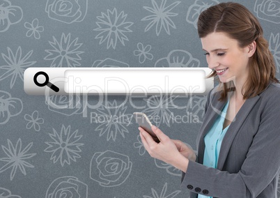 Woman on phone with Search Bar with pattern background