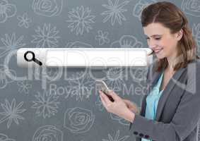 Woman on phone with Search Bar with pattern background