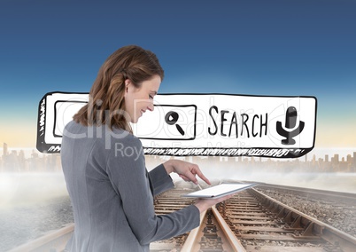 Search Bar on railroad with businesswoman on tablet