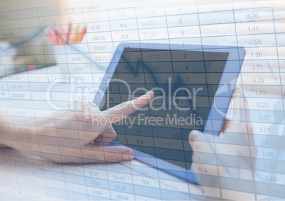 Hands with tablet and blue graph overlay