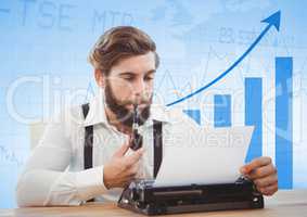Man with typewriter against blue graph