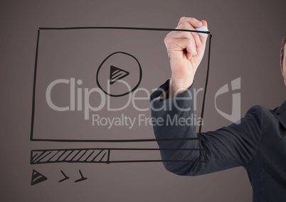Business man with marker and website mock up against brown background