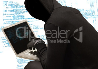 Black jumper hacker with out face with computer, white and blue code background