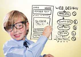 Kid with chalk and website mock up against yellow background