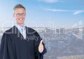 Judge in front of city