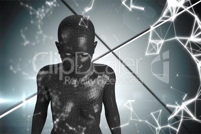 3D black female AI against grey background and white network