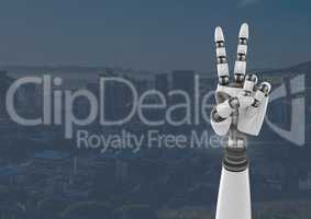 Android Robot hand peace gesture with blue city background