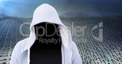 Foreground of grey jumper hacker with out face, in front of code sea