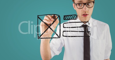 Business man with marker and website mock up against blurry teal background