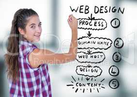 Woman with chalk and website mock up in blurry grey office