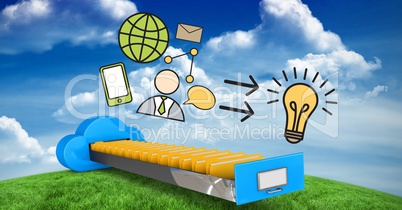 Digital composite image of various icons over cloud computing drawer