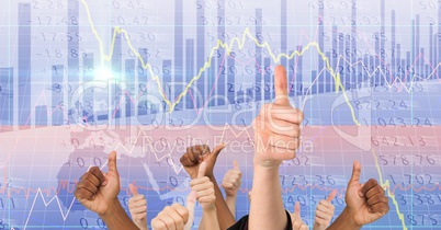 Digital composite image of hands showing thumbs up against screen