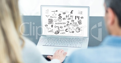 Business people looking at various graphics on laptop