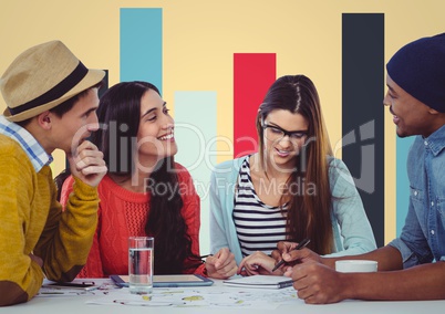 Meeting with tablet and paper against colourful graph and yellow background