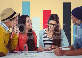 Meeting with tablet and paper against colourful graph and yellow background
