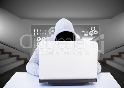 Anonymous Criminal in hood on laptop in front of interface