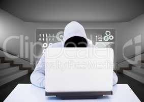 Anonymous Criminal in hood on laptop in front of interface