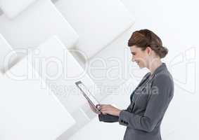 woman on tablet with minimal shapes bright background