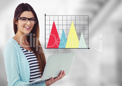 Woman with laptop and colourful graph against blurry grey stairs