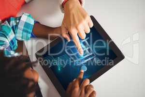 hand pointing at screen with shopping cart on tablet