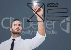 Business man reaching with marker and flare against website mock up and blue background