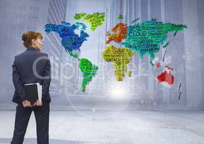 Businesswoman thinking with Colorful Map with city background