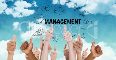 Hands gesturing thumbs up with management icons in background