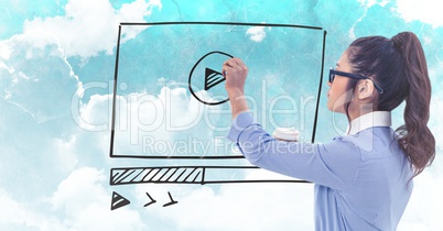 Woman with marker and coffee against website mock up and sky