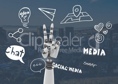 Android hand OK gesture over city with social media drawings graphics