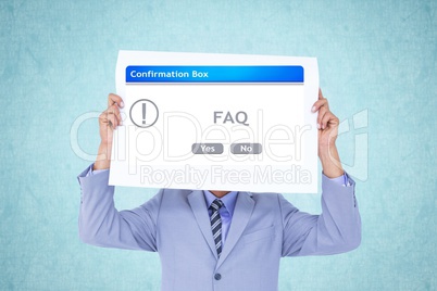 Businessman holding poster with FAQ pop up box