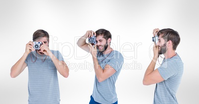 Multiple image of man using camera against white background