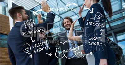 Digital composite image of business people giving high-five with signs and text outside office