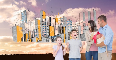 Parents gifting puppy to excited children with drawn city in background