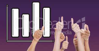 Digital composite image of hands gesturing thumbs up against graph