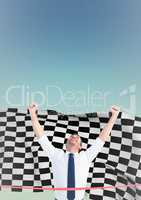 Business man at finish line against checkered flag and blue green background