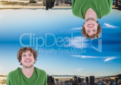 up side down city. green jumper and happy men. Blue sky city