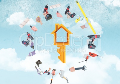 A lot of hands with tools doing a circle and with key house in the middle, sky background